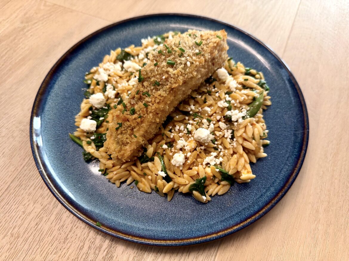Panko-Crusted Salmon with Sun-Dried Tomato Pesto Orzo