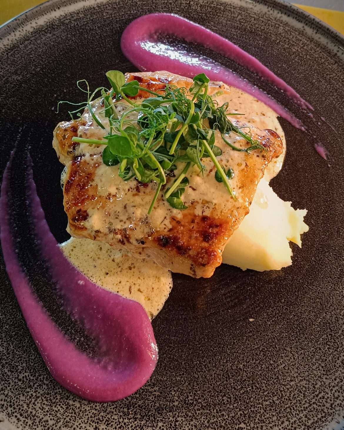 Creamy garlic chicken with marsala, fresh mash potatoes and red cabbage puree