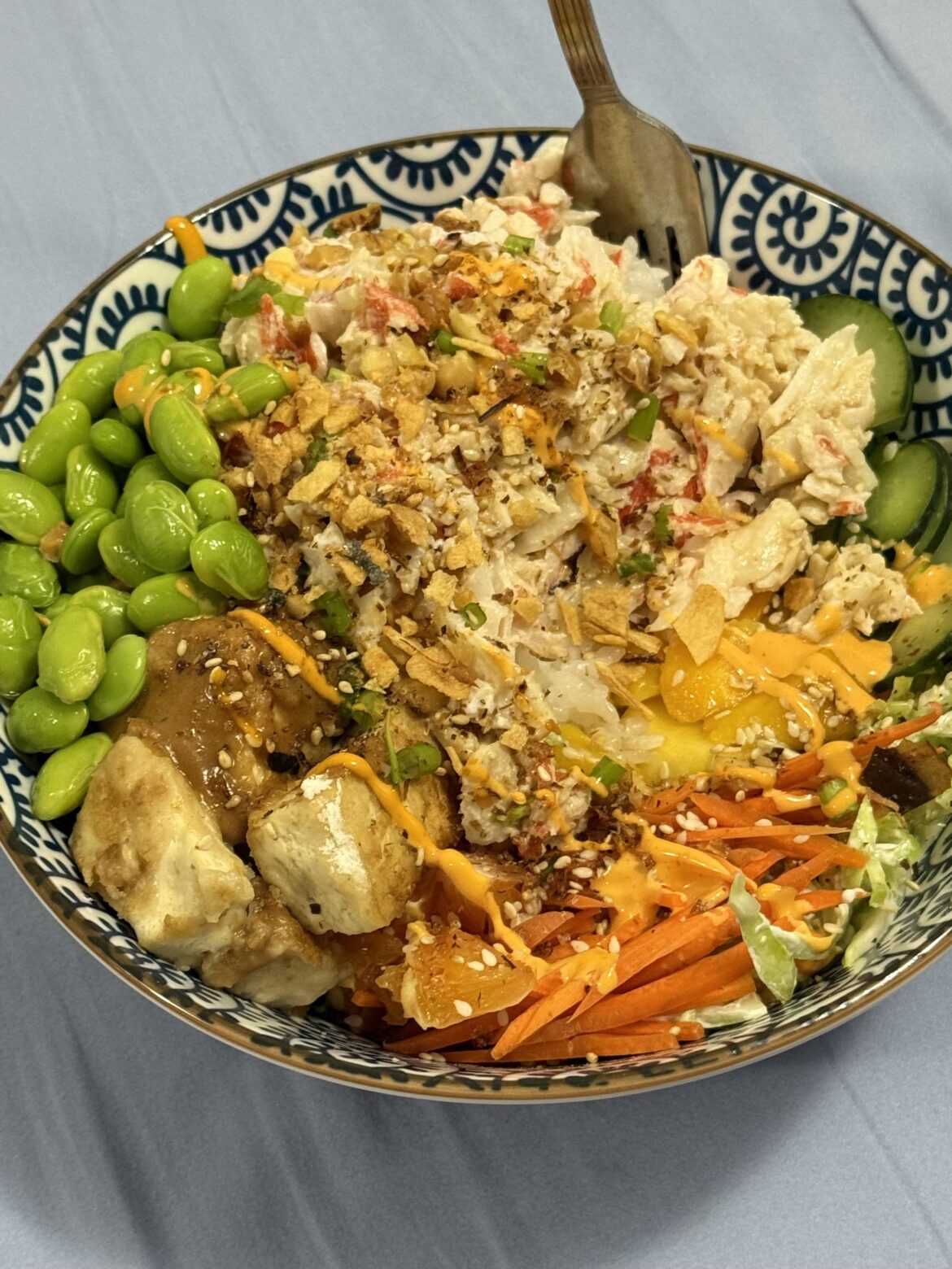 At home poke bowl, about 700-800 calories.