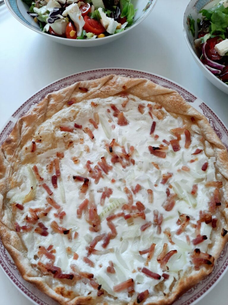 Alsatian tart (from Lidl) with salad and stuffed Brie with cream cheese and chives
