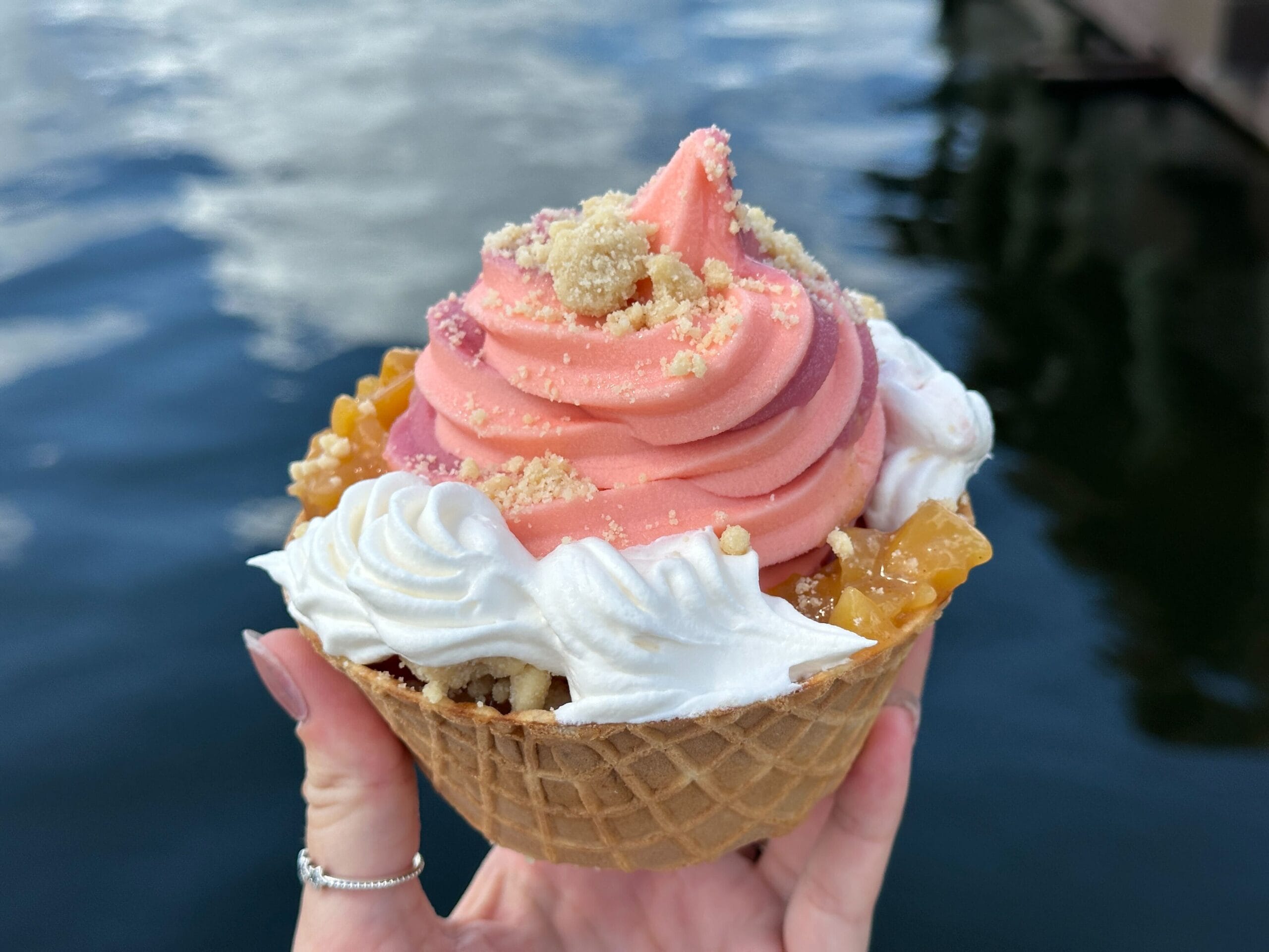 DOLE Whip Peach swirled with DOLE Whip Raspberry with Peach Pie Filling, Streusel, Raspberry Crisps, and Whipped Topping served in a Waffle Bowl