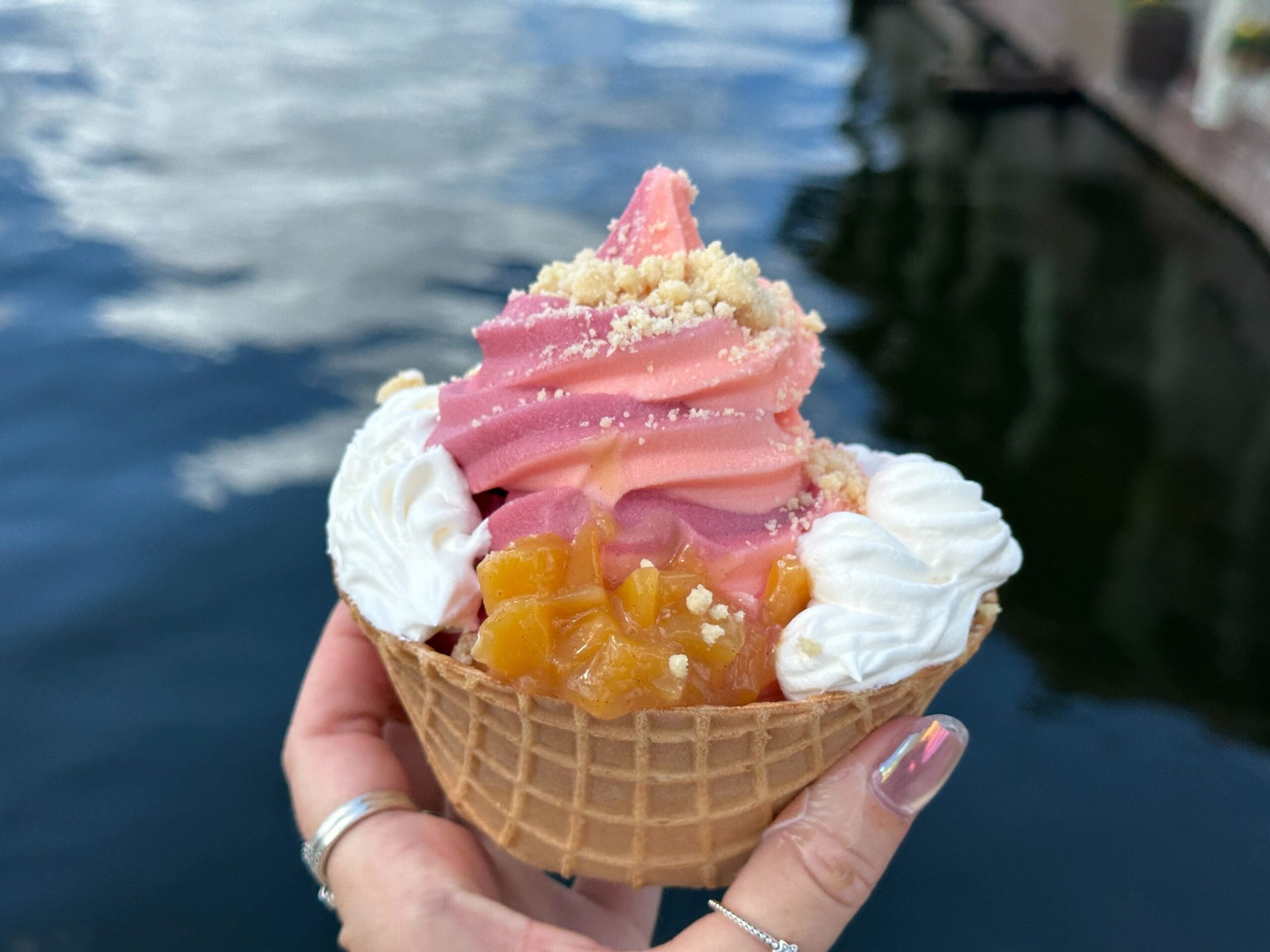 DOLE Whip Peach swirled with DOLE Whip Raspberry with Peach Pie Filling, Streusel, Raspberry Crisps, and Whipped Topping served in a Waffle Bowl