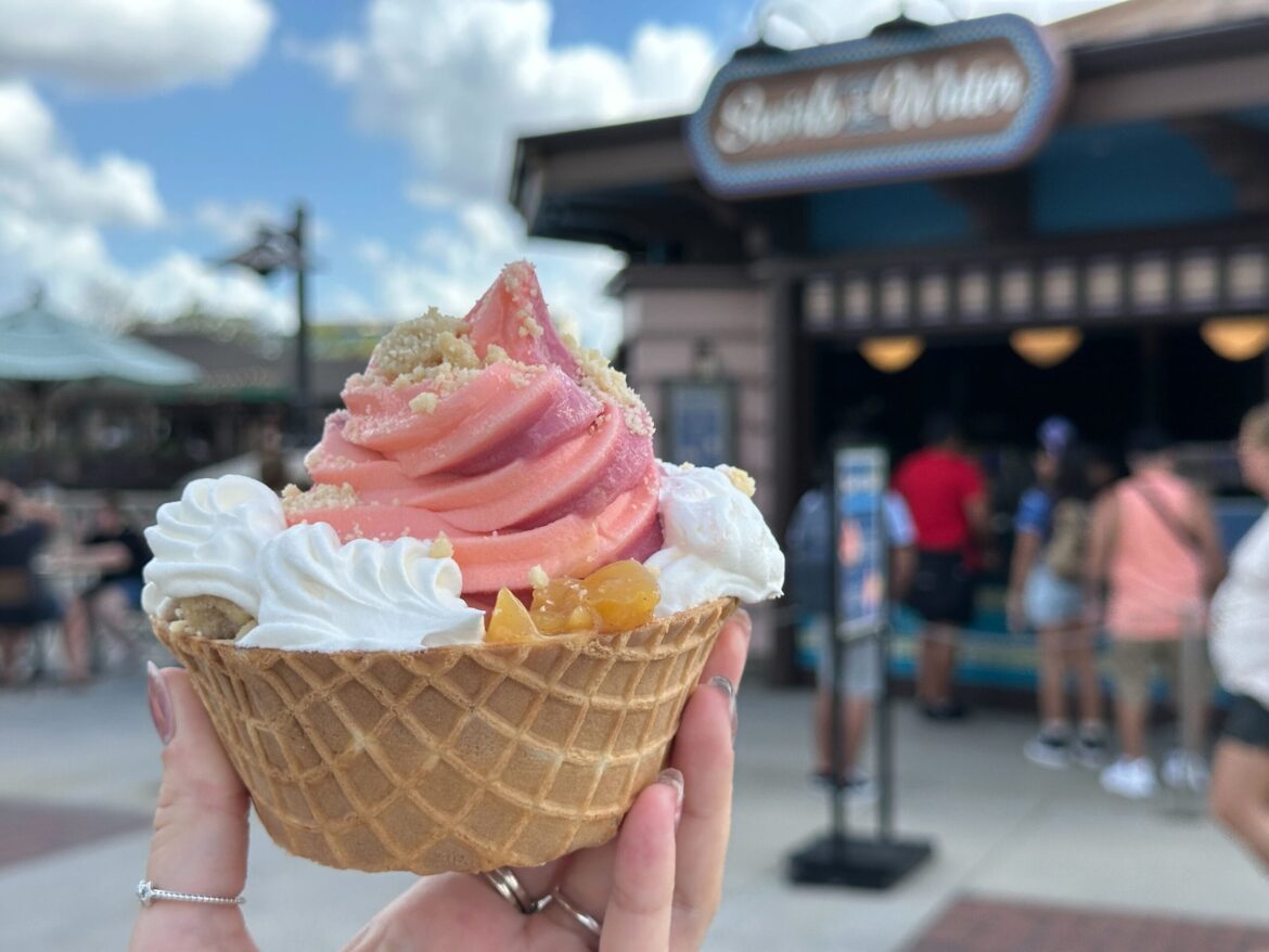 DOLE Whip Peach swirled with DOLE Whip Raspberry with Peach Pie Filling, Streusel, Raspberry Crisps, and Whipped Topping served in a Waffle Bowl
