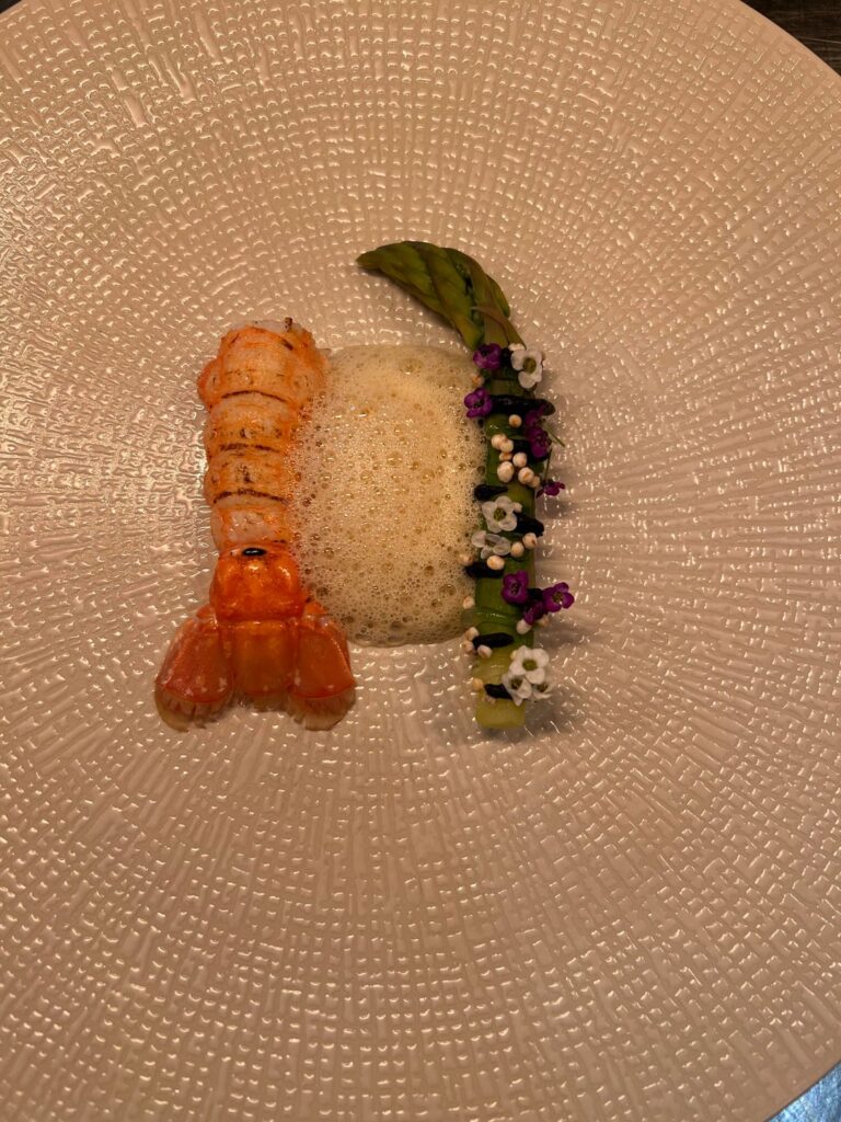 Langoustine, asparagus, saffron vanilla sauce, black garlic, sudachi and puffed quinoa.