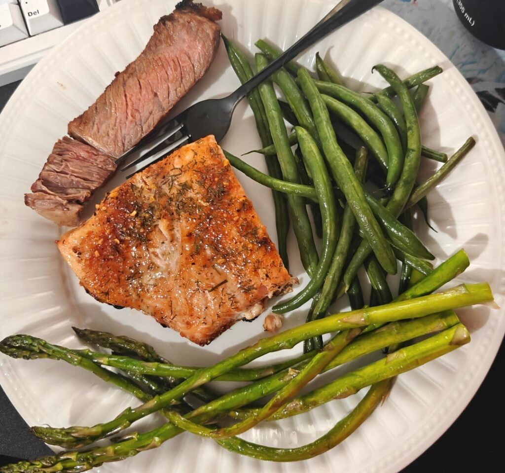 Salmon, steak, fresh green beans, asparagus