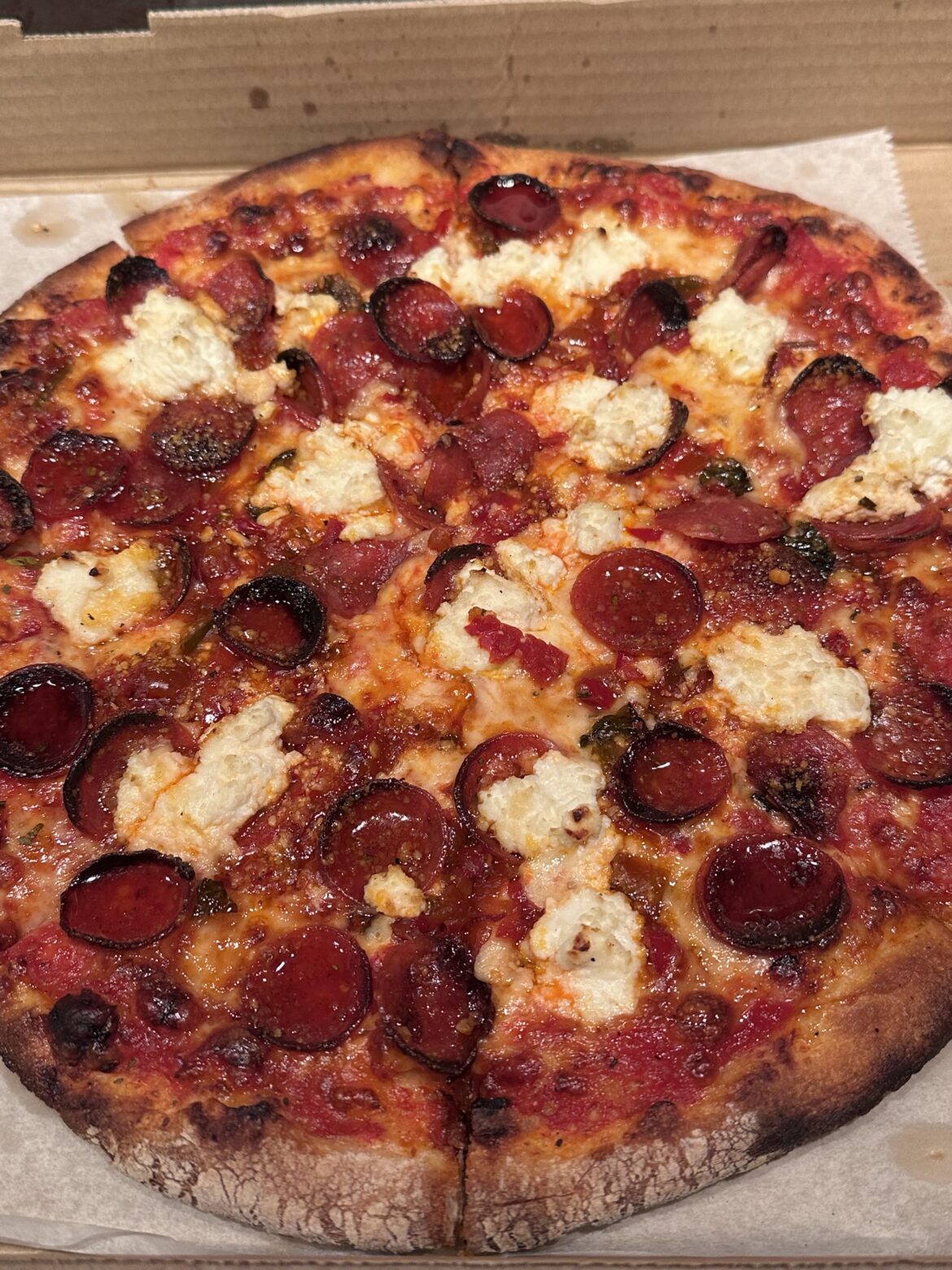 Cup-and-char pepperoni, chopped hot cherry peppers, ricotta, hot honey