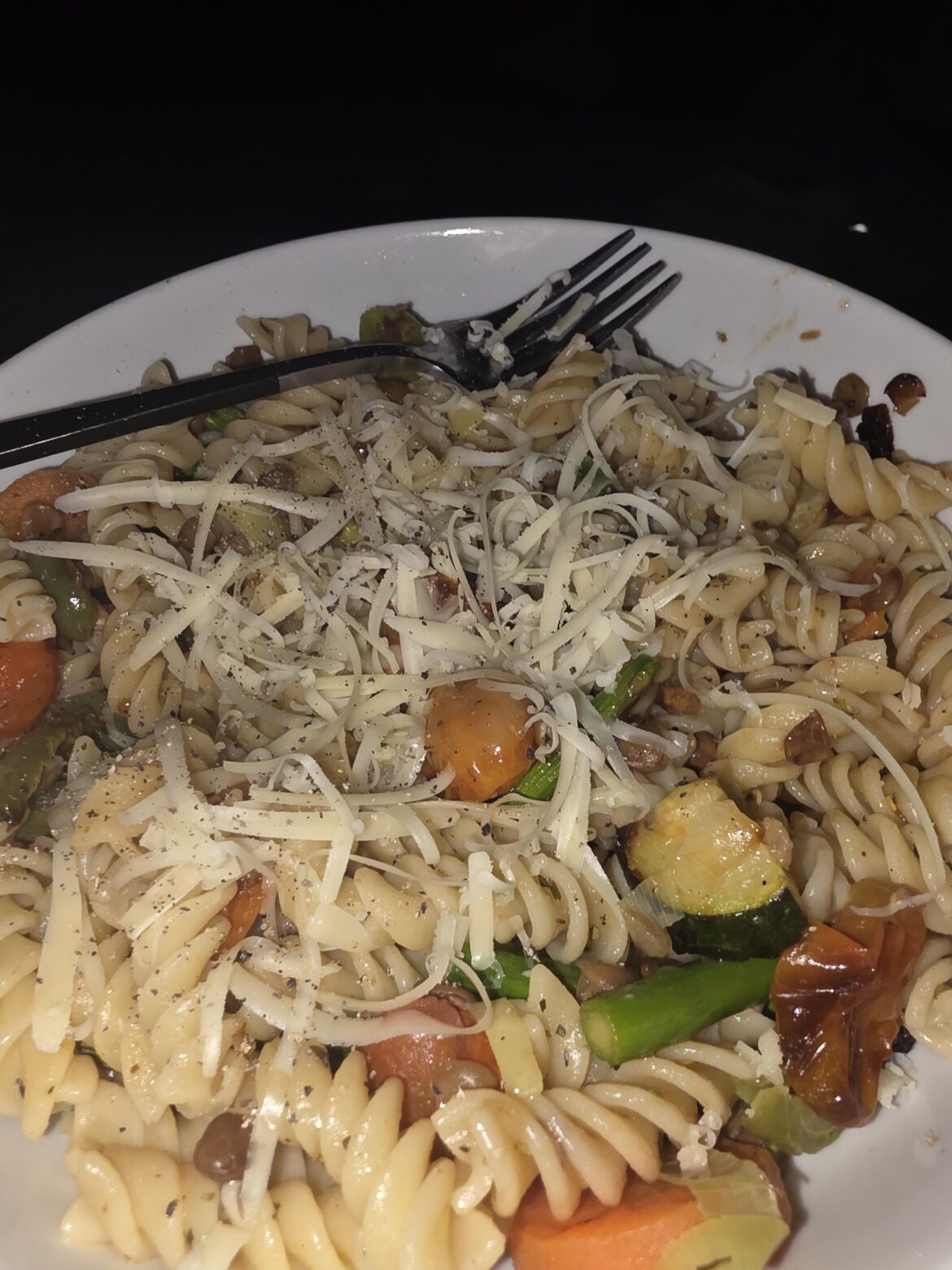 Roasted veggies and green lentil pasta with a honey and lemon dressing