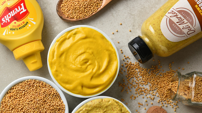 Two different bottles of yellow and brown mustard with yellow mustard in a dish and spices