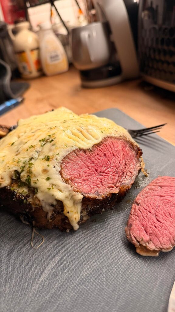 Cowboys from Costco, sear, cooked to 51, out, topped with garlic cheese and back in for 5 mins