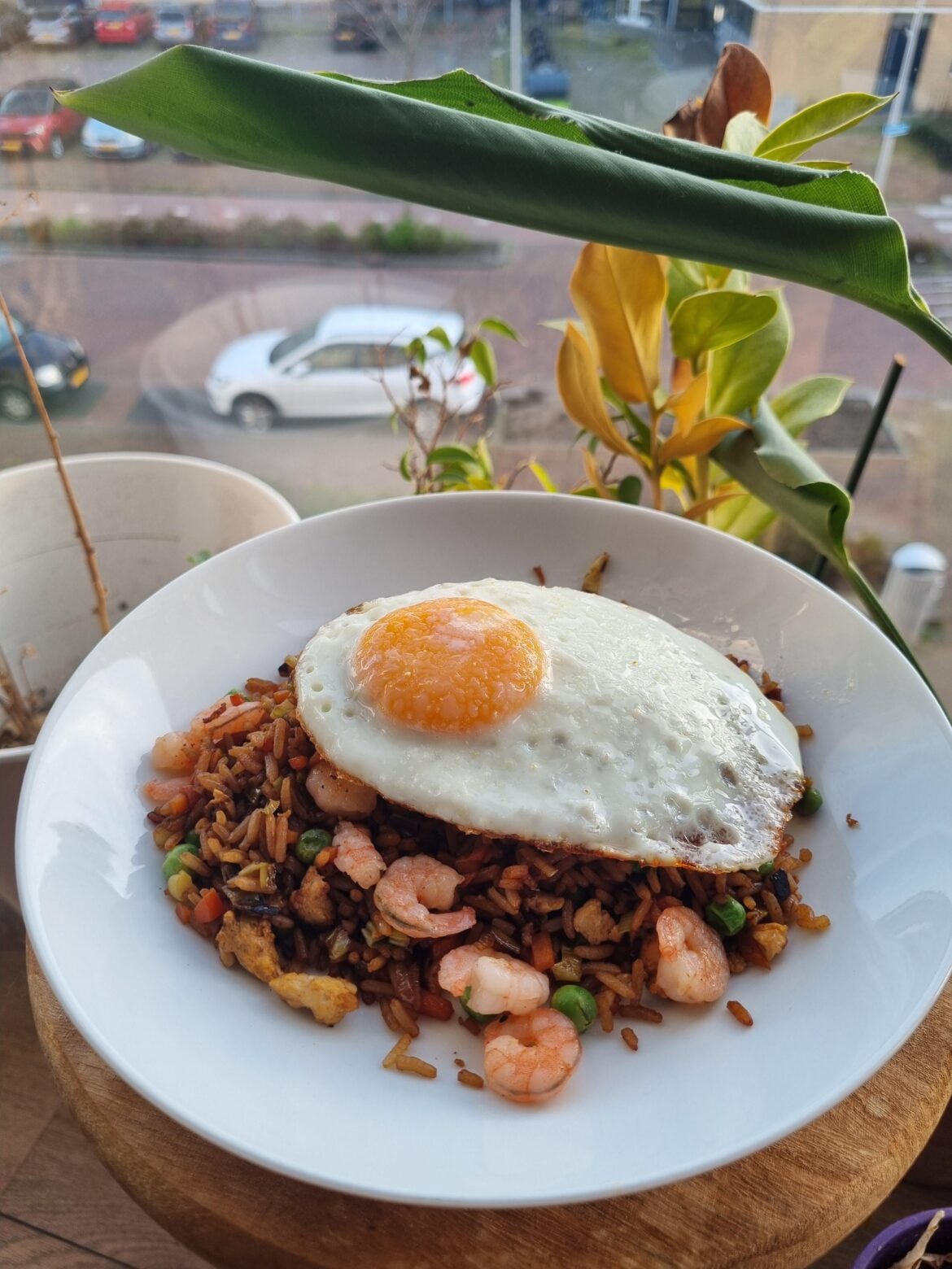 Fried rice runny egg shrimps