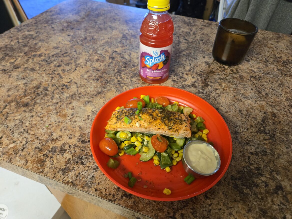 Tuscan Salmon & Tomato-Basil Succotash with Lemon Garlic Aioli