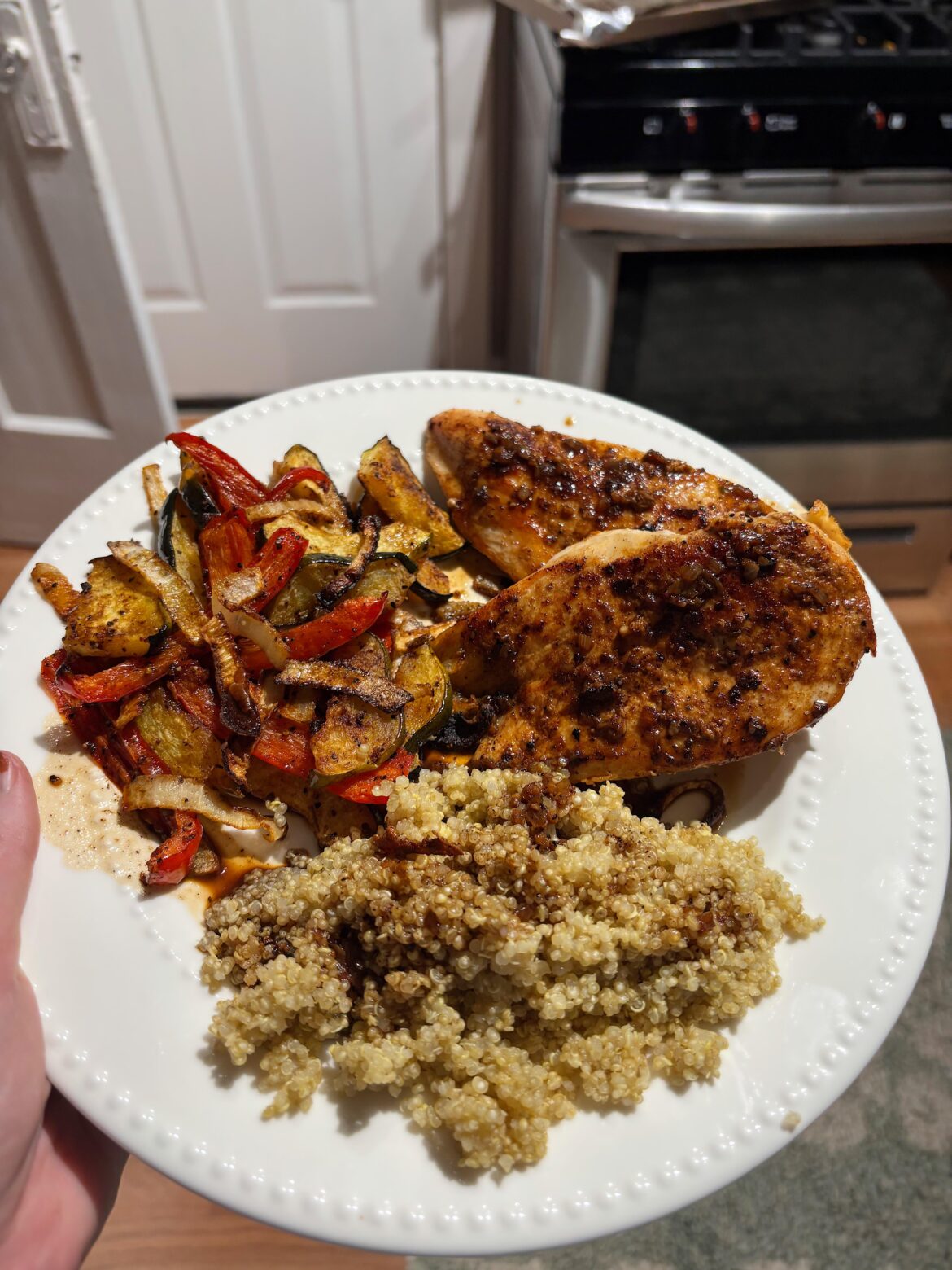 Pan seared chicken, roasted veggies, and quinoa