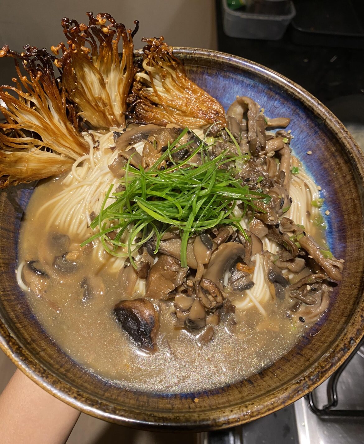 Homemade mushroom ramen. Enoki, chestnuts, shiitake, portobello. Post psilocybin meal.