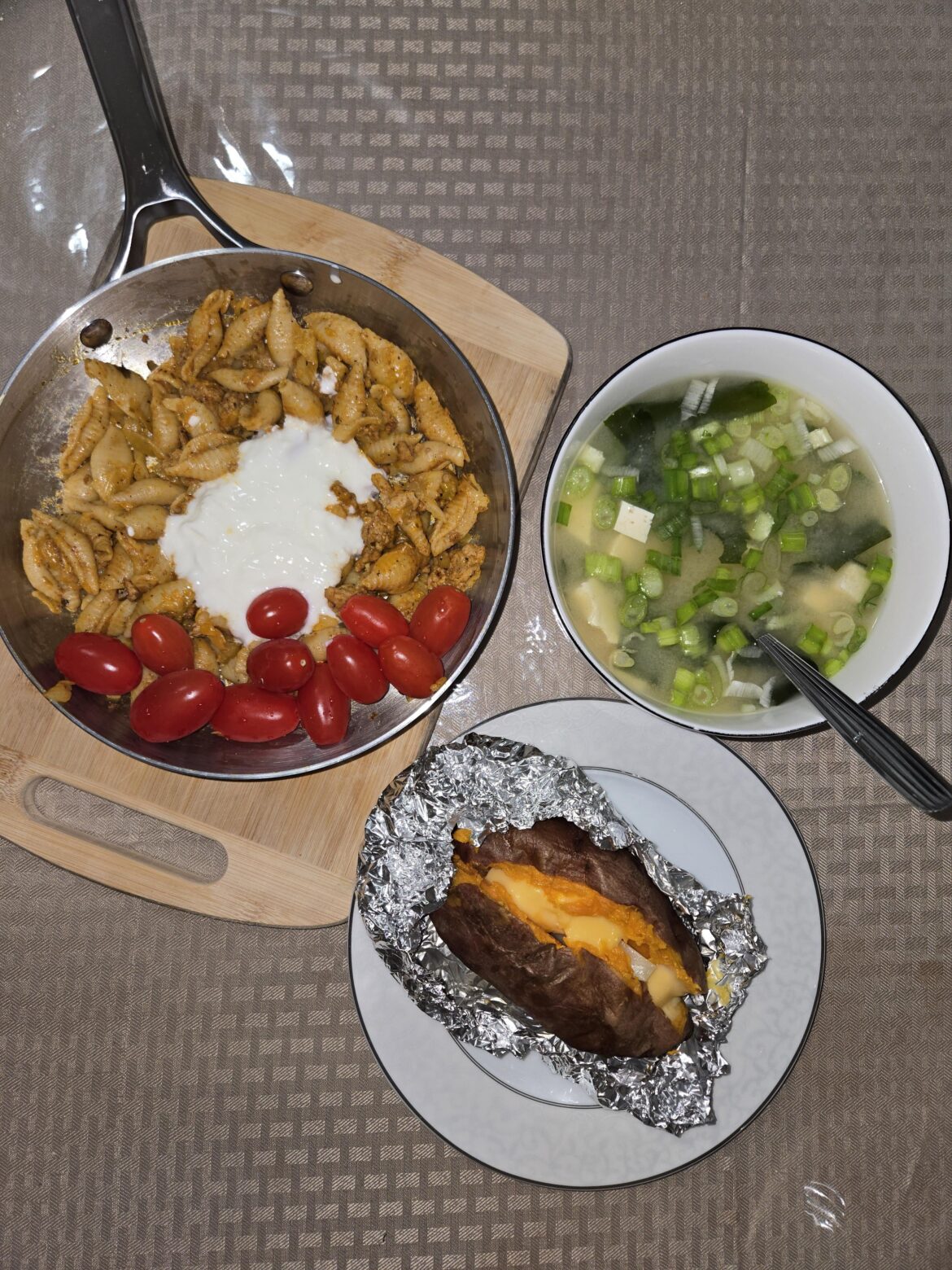 Pasta, miso soup, and sweet potato: around 740 calories