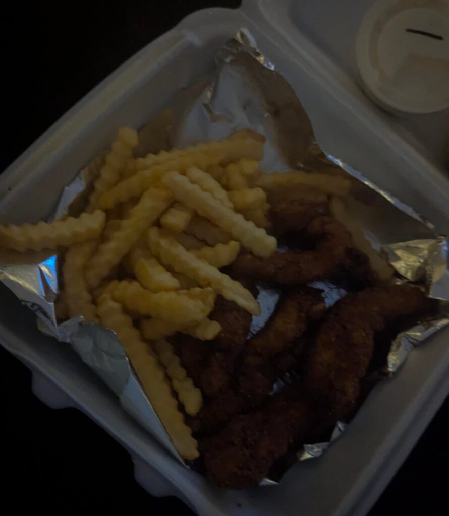 how many calories in these chicken tenders and fries?
