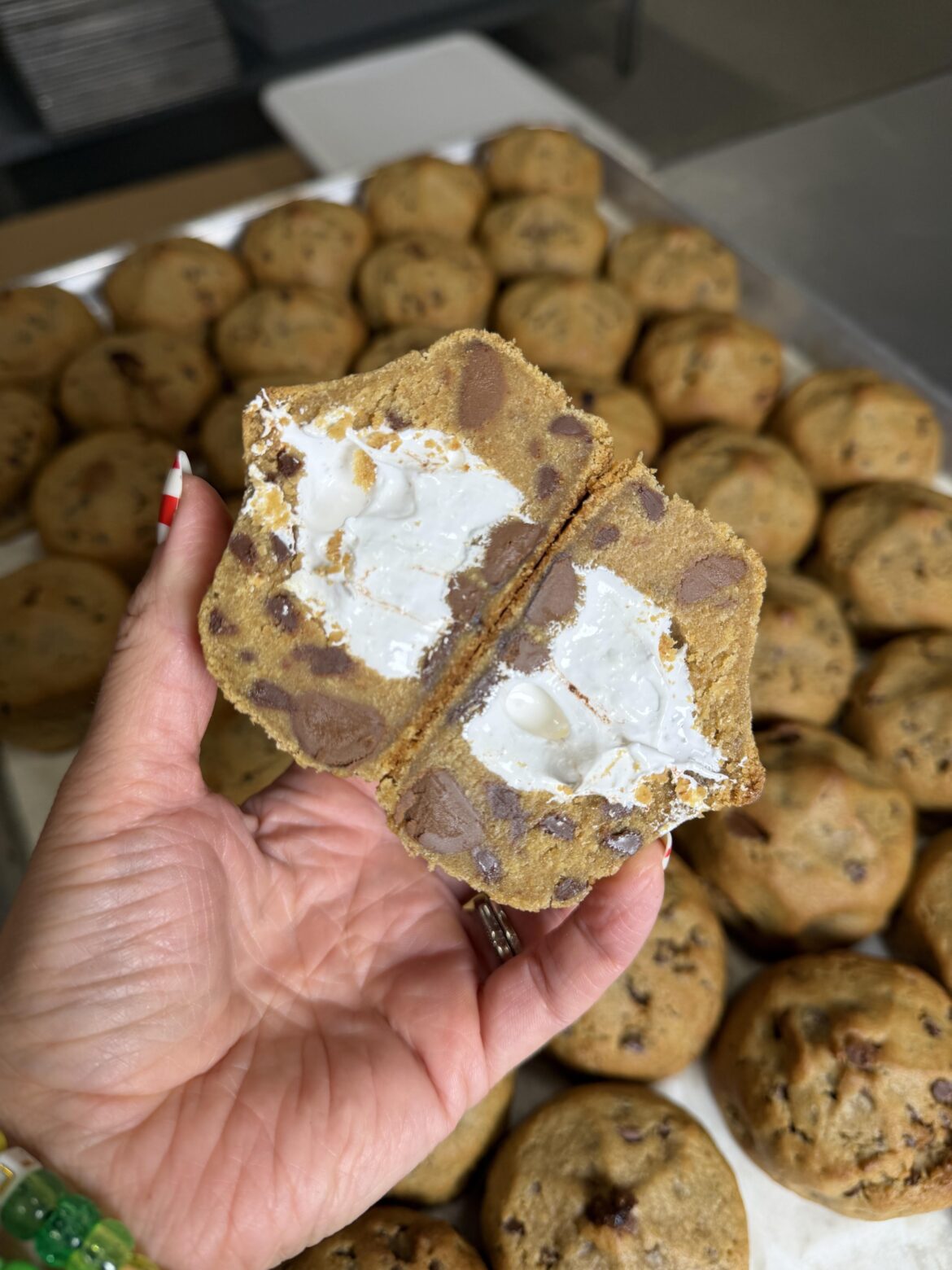 S'mores Cookie made with Graham Cookie Dough and gooey marshmallow core