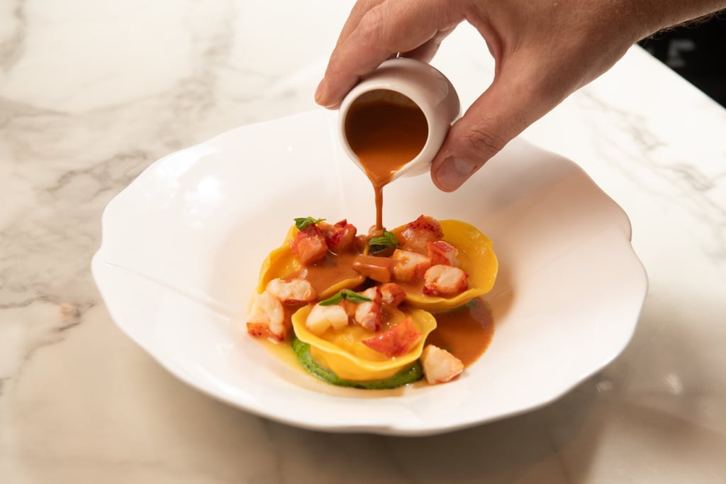 Big ravioli filled with prawn mousse at LucAle, in Sai Ying Pun.