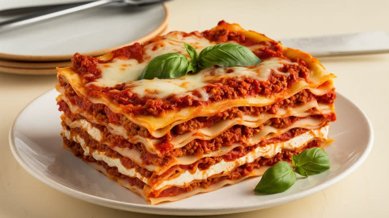 Baked lasagna with basil garnish on plate