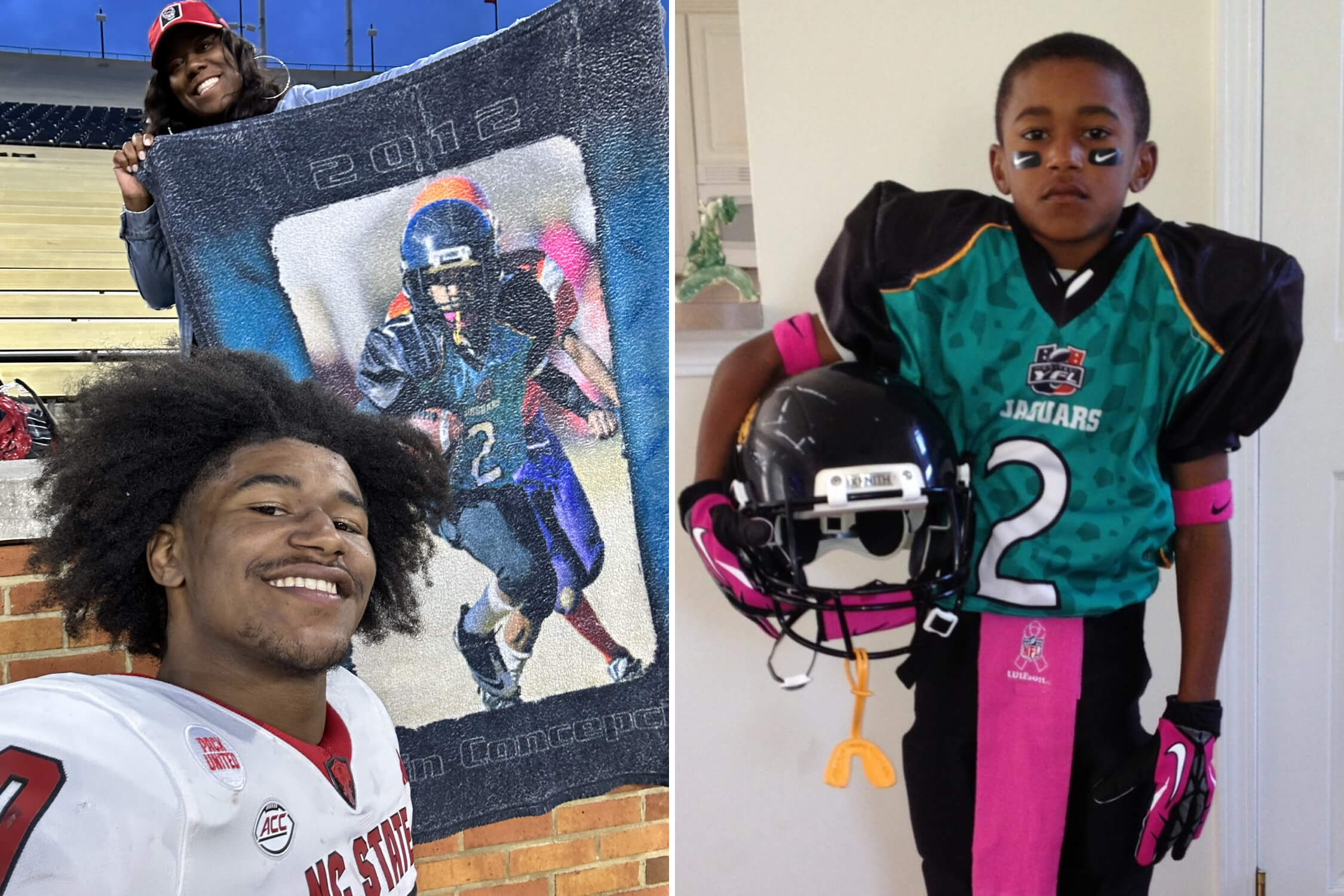 A split view photo of KC Concepcion while at NC State with him mom, Arriel, in the bleachers holding up a blanket with a picture of KC as a youth football player on the left, and KC Concepcion suited up in his youth football uniform on the right.