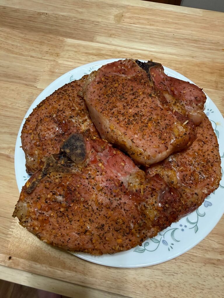 Last nights dinner of roasted garlic and herb bone in chops and today’s lunch with a Mexican street corn inspired salad.