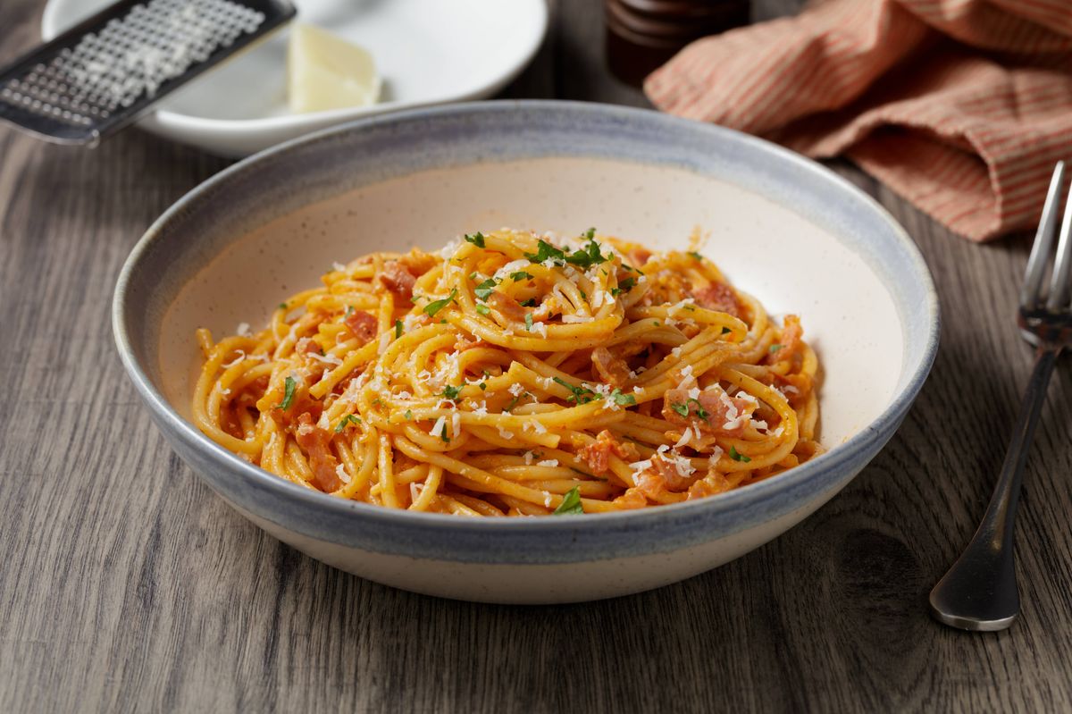 close view of home made spagehtti all spaghetti all amatriciana  at home kitchen
