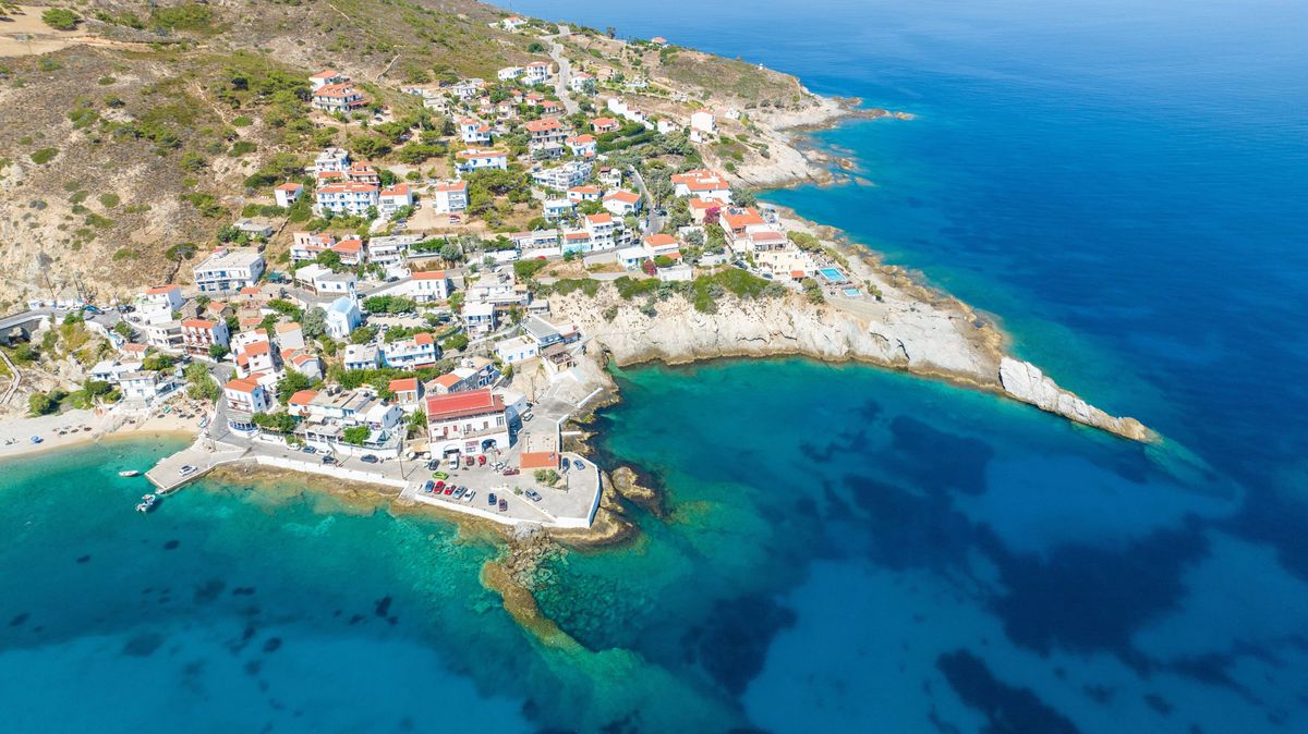 This is a drone photo of the small town of Armenistis on Ikaria island, Greece