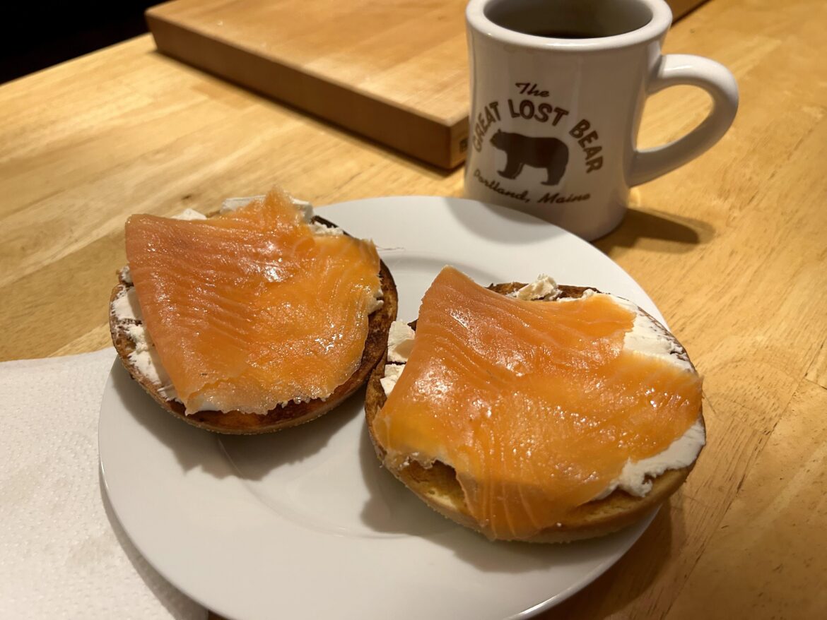 Sourdough bagel, cream cheese, smoked salmon