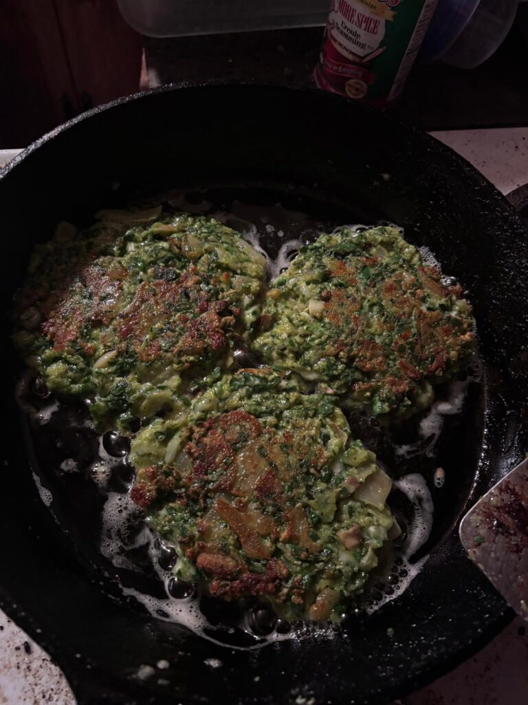Spinach fritters and Latkes