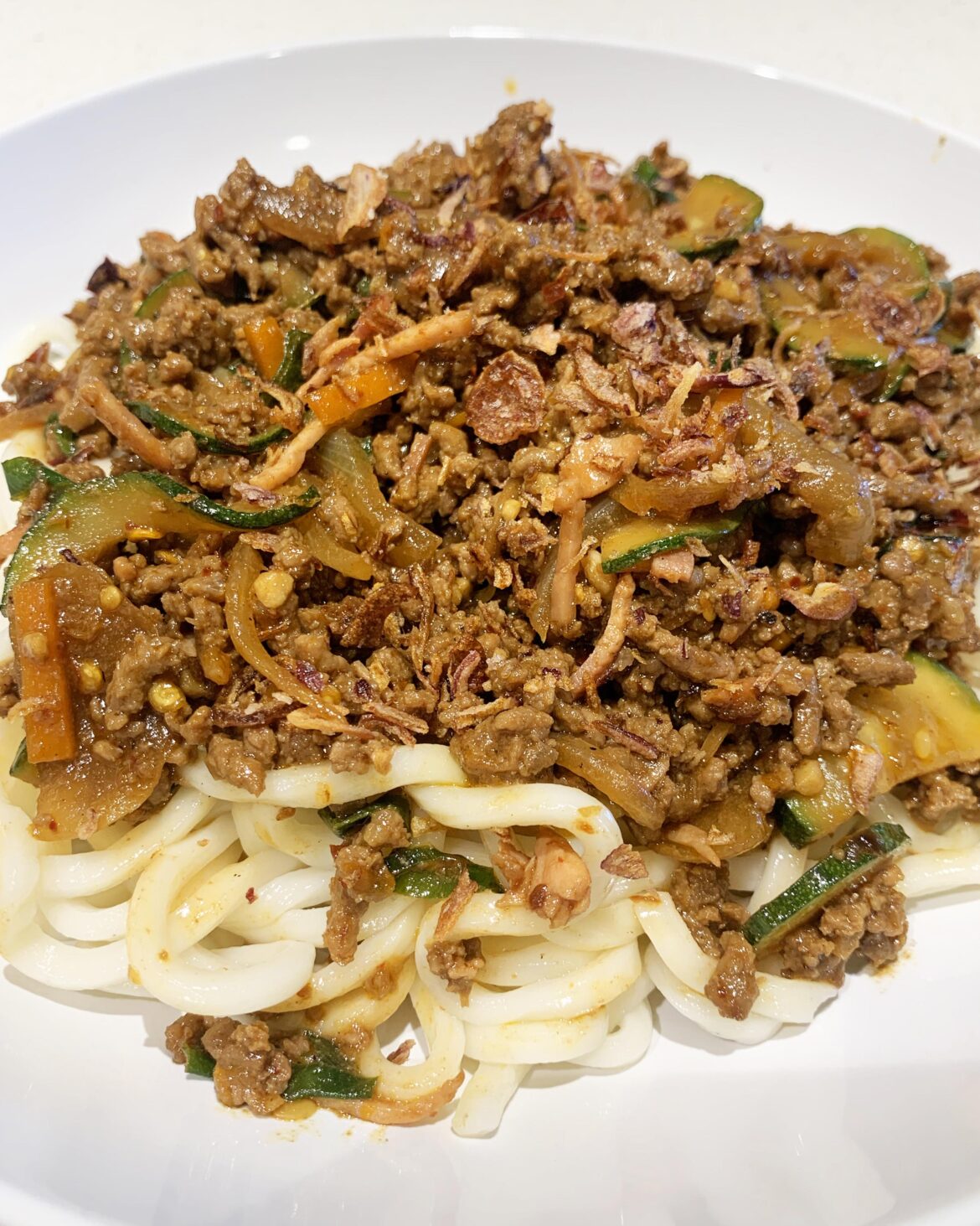 Sweet & Spicy Beef & Veggie Noodles with Crispy Fried Shallots