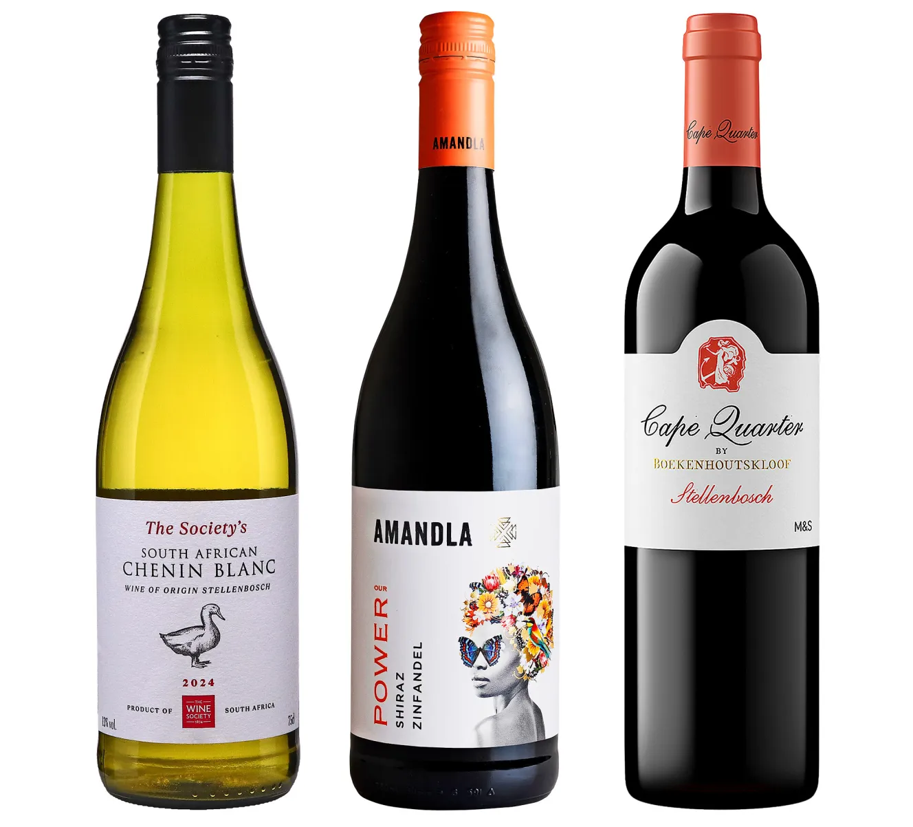 Three bottles of South African wine: Chenin Blanc, Amandla Power Shiraz Zinfandel, and Cape Quarter by Boekenhoutskloof Stellenbosch.