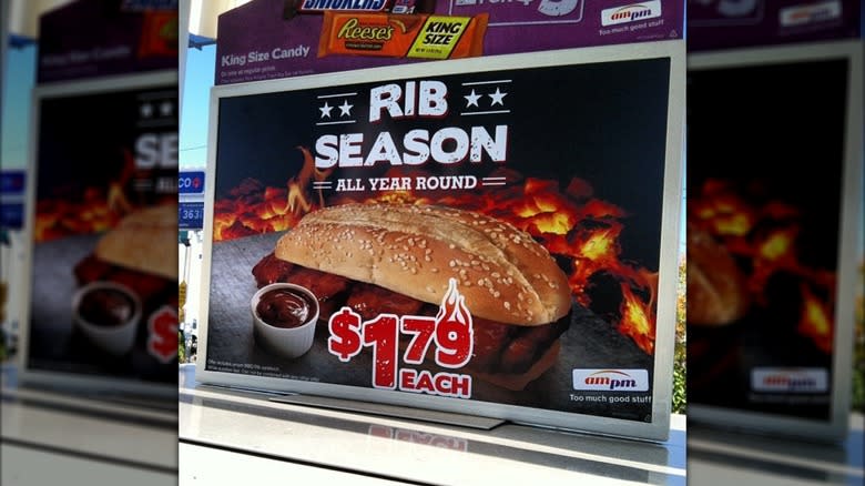 Advertisement for AMPM's BBQ rib sandwich