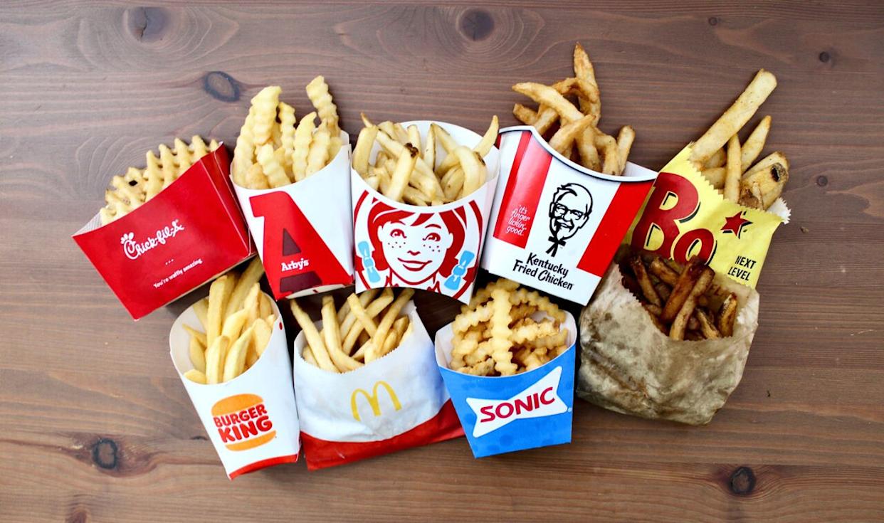 Overhead shot of french fries from 9 different fast food restaurants -