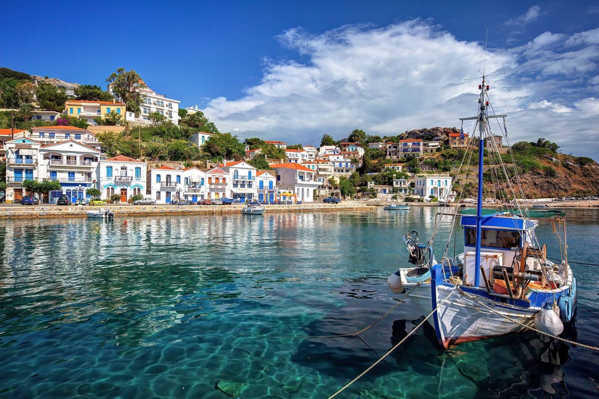 Traditional village of Evdilos, in Ikaria island, Greece, with fishing boats