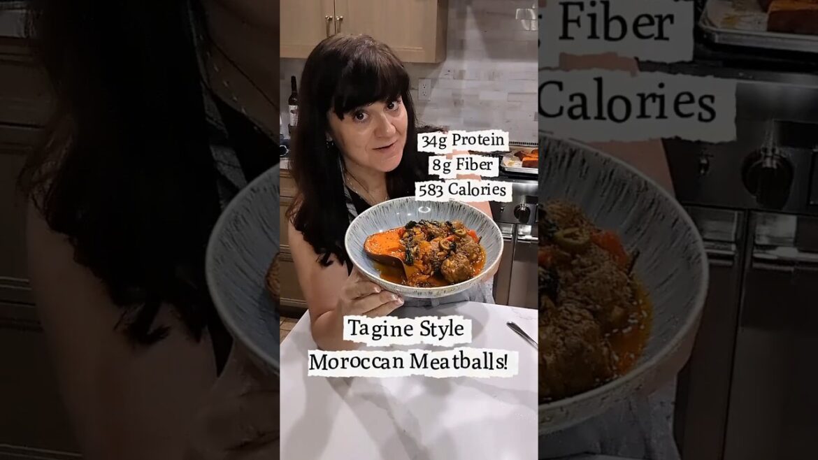 Low calorie, high protein, high fiber Tagine-Style Moroccan Meatballs with Roasted Sweet Potato!