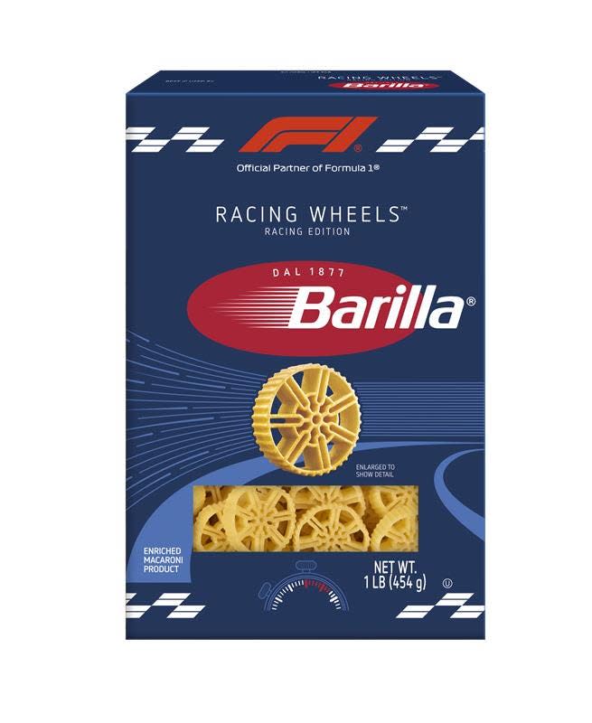Packaging for Barilla Racing Wheels pasta.