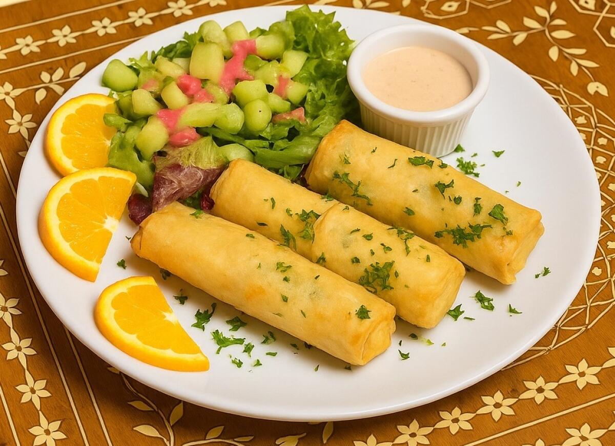 Beef bourek, a thin phyllo roll filled with minced meat, at Marrakesh Restaurant in Anaheim.