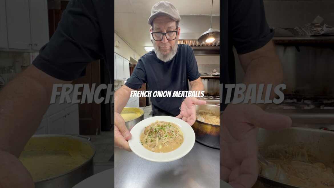 French Onion Meatballs with Creamy Polenta