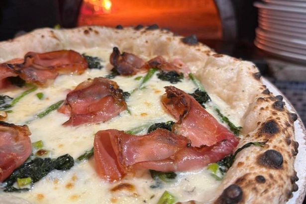 A close-up view of a freshly baked pizza with toppings including melted cheese, slices of meat, and leafy green vegetables, positioned in front of an oven.