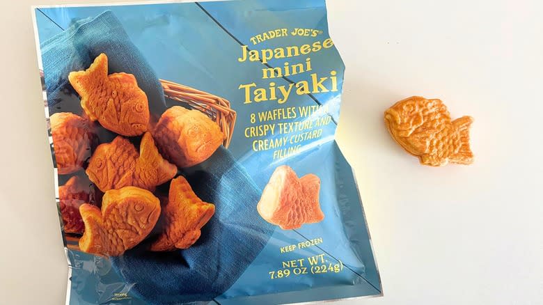 Trader Joe's Japanese Mini Taiyaki piece next to a bag on a white table