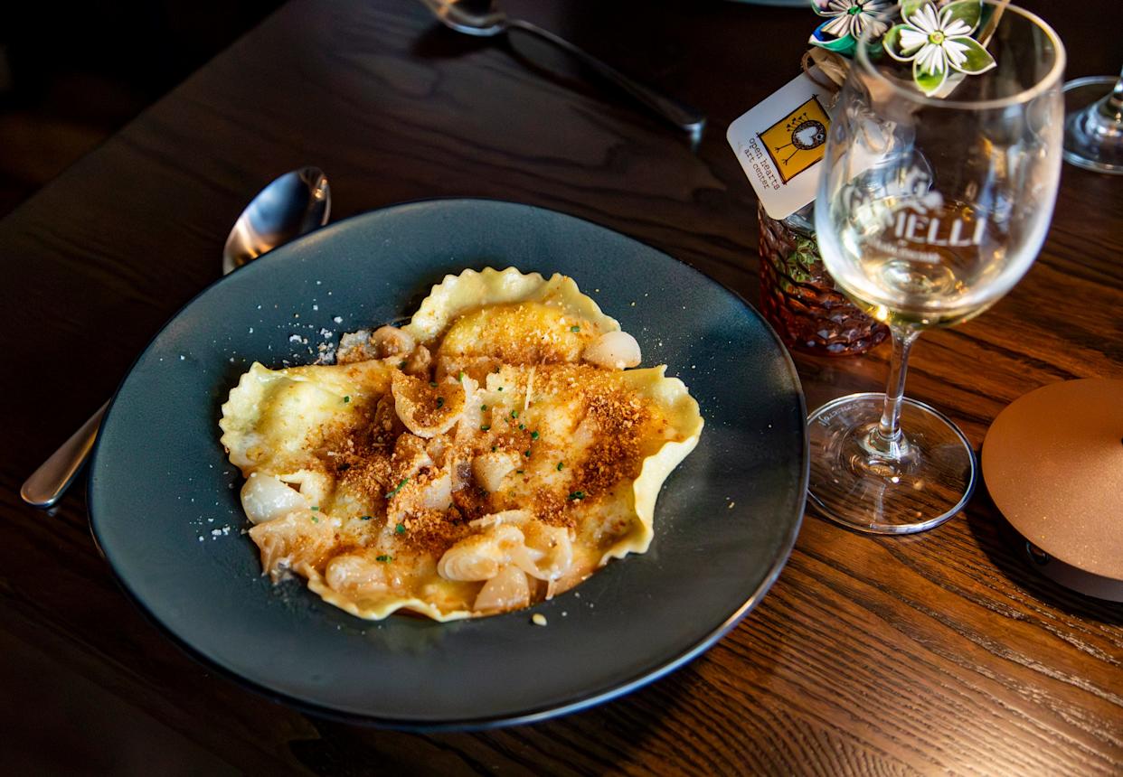 A ravioli dish is served at Gemelli during a preview event at the restaurant in Asheville’s Biltmore Village on April 13, 2026, ahead of its grand opening.