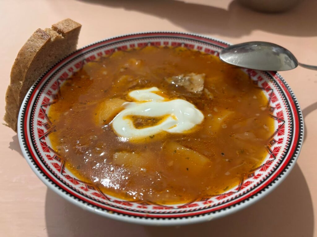 Today's lunch in my military unit somewhere in Ukraine: Ukrainian red borscht with smetana, boiled potato with meat, and salad (chicken, egg, pineapple, onion, mayo)