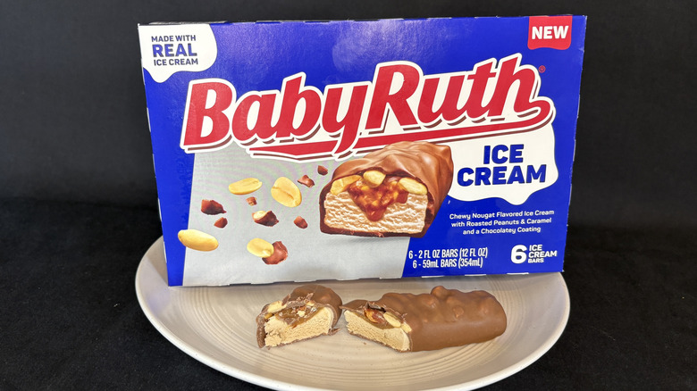 Baby Ruth ice cream bar cut open on plate with box in background