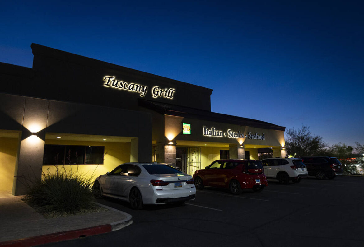 An exterior view of Tuscany Grill on Monday, April 20, 2026, in Henderson. (Chase Stevens/Las V ...