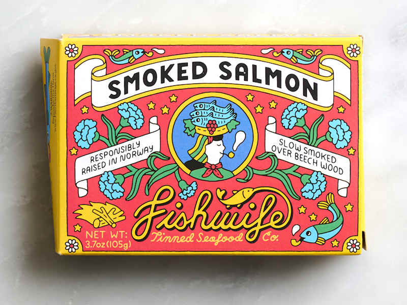Colorful packaging for smoked salmon featuring illustrations of fish, flowers, and text about sourcing and preparation.