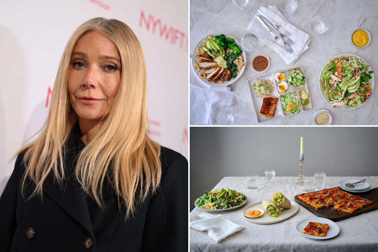 An image collage containing 3 images, Image 1 shows Gwyneth Paltrow attending the 46th Annual Muse Awards presented by New York Women In Film & Television (NYWIFT), Image 2 shows Overhead view of three plates of healthy meals, two bowls of salad and chicken, and a compartmentalized dish with salmon, rice, soft-boiled eggs, and vegetables, Image 3 shows A table set with a salad, two wraps, a dip, and a rectangular pepperoni pizza
