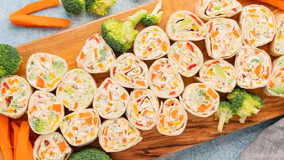 Cold Veggies Pinwheels served on a board. 