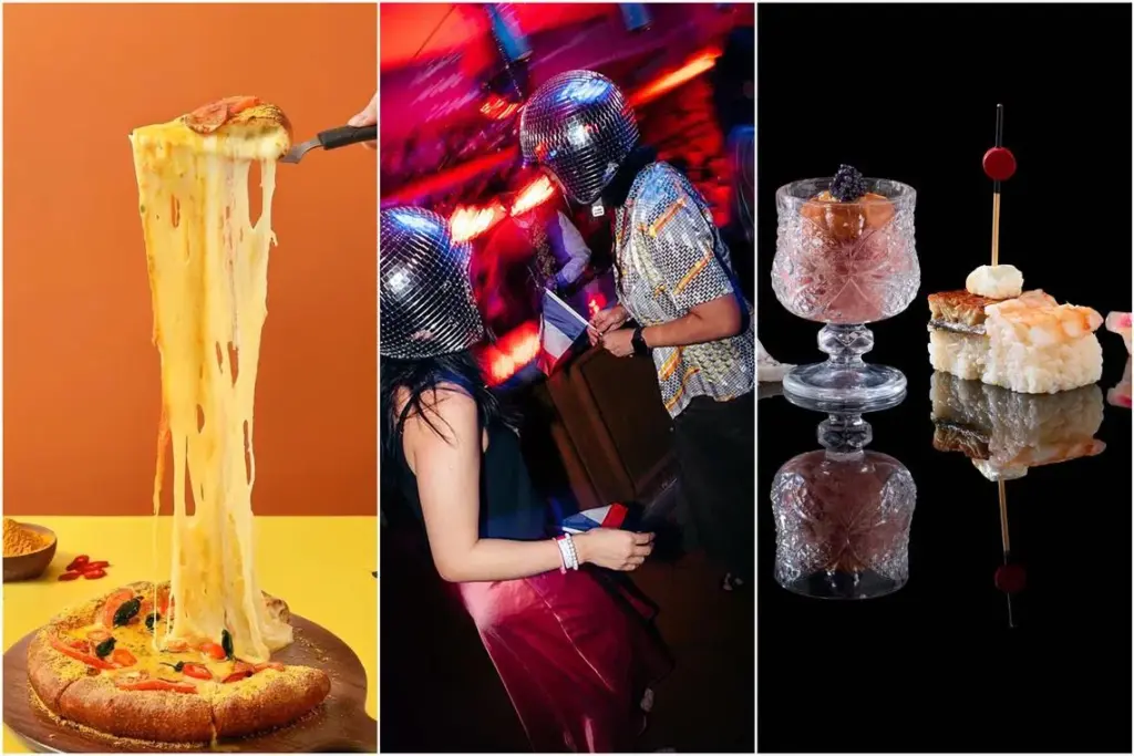 (From left) Discounts tied to the length of a cheese pull at Pizza Maru's new Changi Airport Terminal 2 outlet, to disco brunch at La Vache! Steakhouse, and Haku Sushi's Rolling Omakase Lunch.