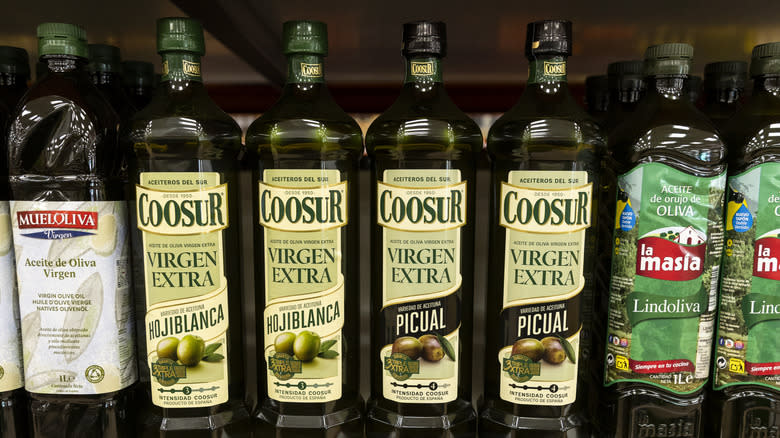 Olive oil bottles displayed in a Spanish store