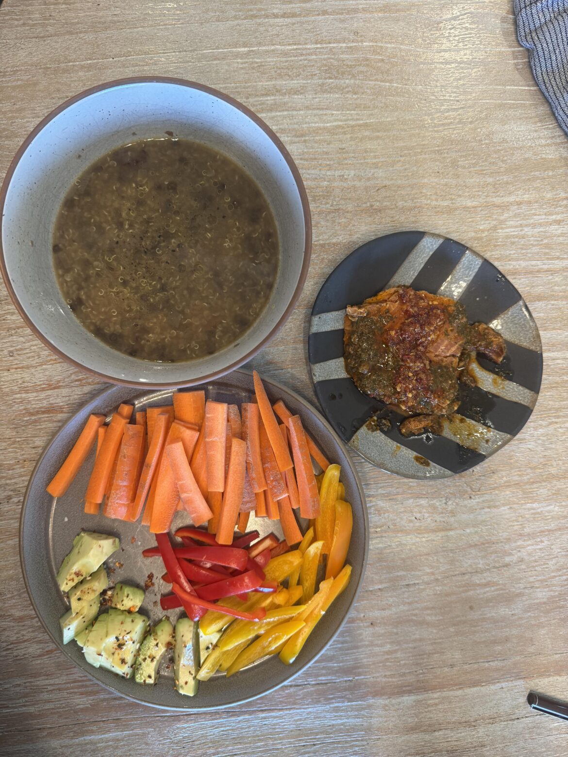 Not my prettiest lunch: lentil soup, smoked Chimichurri trout, side of veggies Not my prettiest lunch: lentil soup, smoked Chimichurri trout, side of veggies