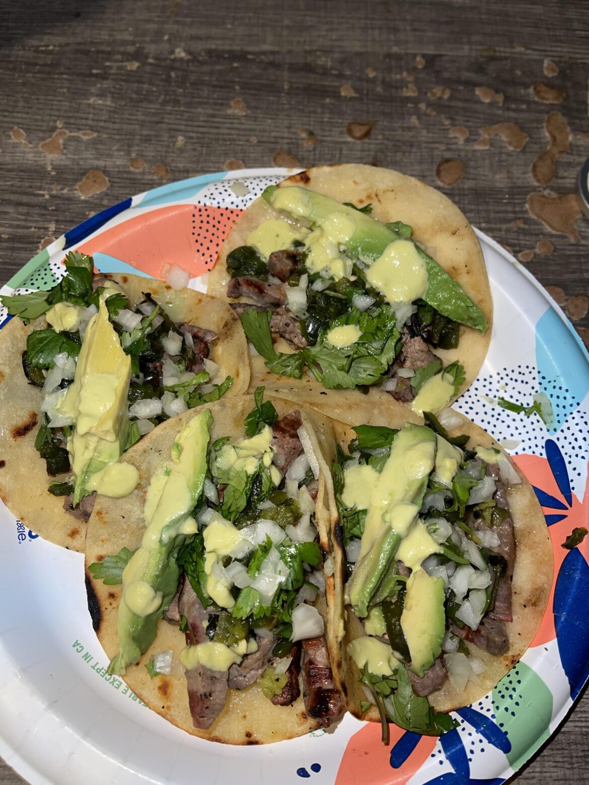 Would you eat my tacos? Steak, grilled poblano and jalapeno, raw onion, cilantro, avocado, jalapeño salsa and lime.